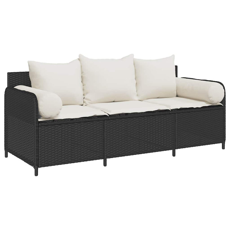 Patio Sofa With Cushions 3-Seater Gray Poly Rattan, Cream, Black