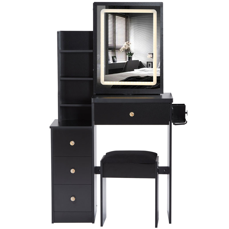 Petite coiffeuse 29,2 po avec tabouret de chevet gauche + tabouret rembourré, 2 blocs d'alimentation CA + 2 ports USB, support pour séchoir à cheveux, très grand miroir à DEL coulissant à contrôle tactile, changement de luminosité tricolore, réglage de la luminosité