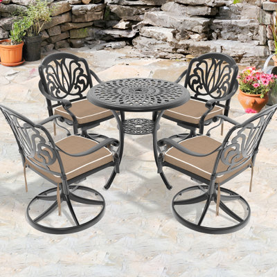 5 tables de salle à manger toutes saisons avec chaises pivotantes - table ronde de 4 et 30,71 po, construction en aluminium, structure noire, motifs de pétales rectangulaires, résistance aux intempéries, siège confortable et coussins inclus, simple