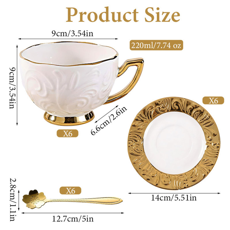 Ensemble de 6 tasses à café en céramique de qualité supérieure et soucoupes, tasses à café pour café au lait, moka, au lait, blanc, avec garniture dorée