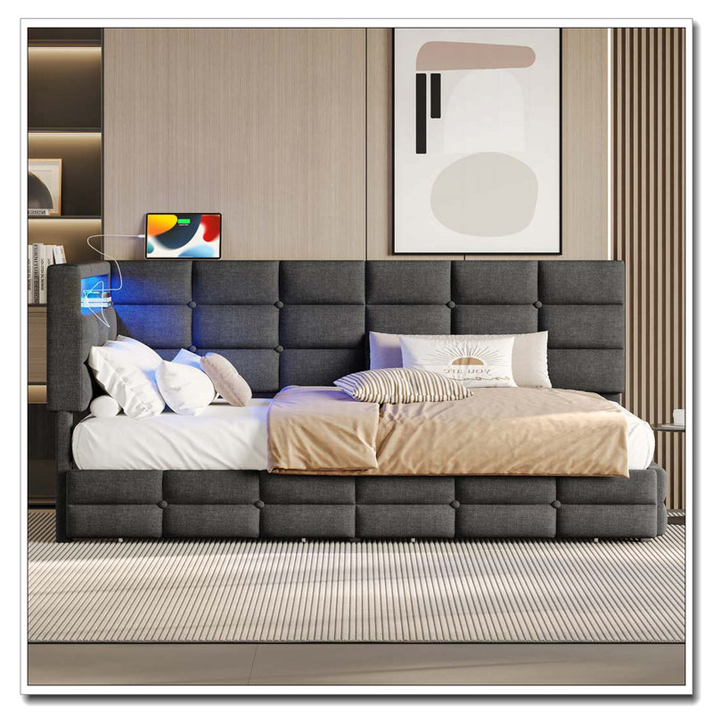 Twin Size Upholstered Daybed with LED Lights, Charging Station, 2 Drawers & Storage Headboard, Gray