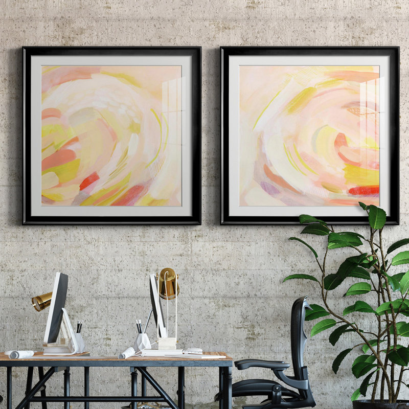 " Sunburst Blossom I " 2 - Pieces, 28" H x 28" W x 1" D, Black Framed Paper, White