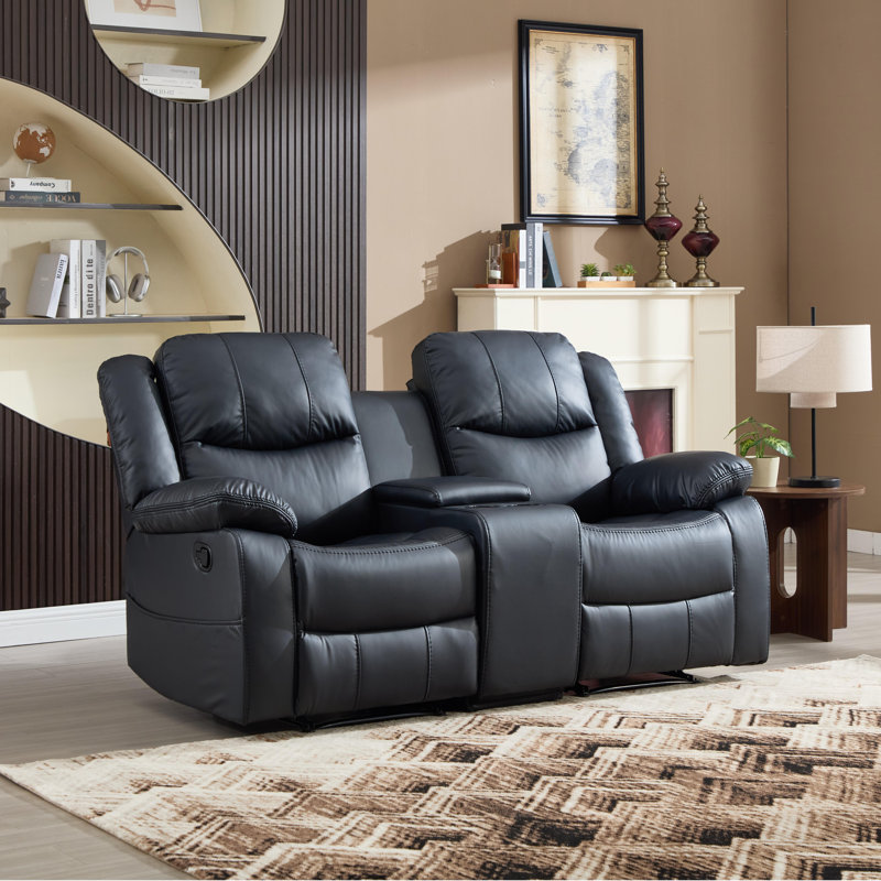 73" Wide Breathable Leather Manual Reclining Loveseat Sofa, 2-Seater Recliner Couch With Storage & Cup Holder, Black