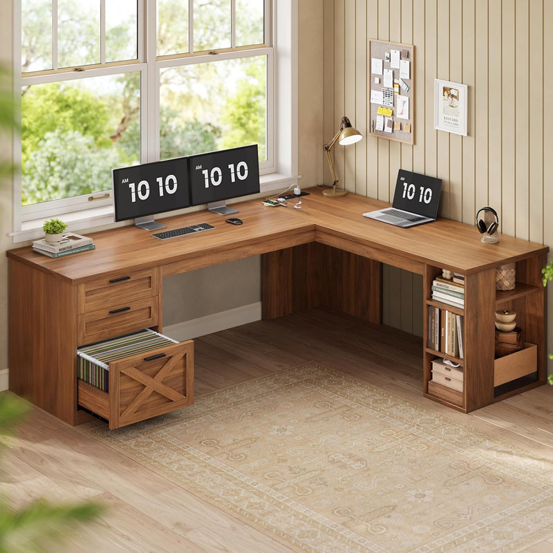 67" Farmhouse L Shaped Desk With 3 Drawers, Executive Desk, Brown
