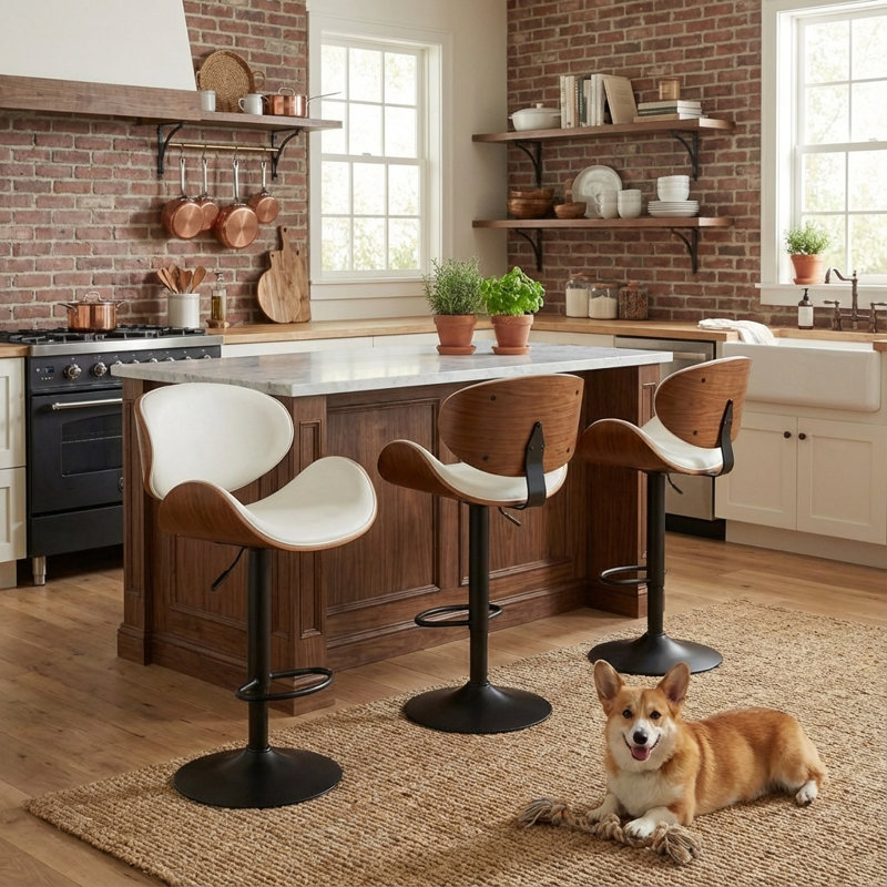 Modern Swivel Upholstered Barstool, Adjustable Height Bentwood Counter Stool, Faux Leather Modern Bar Stool with Footrest