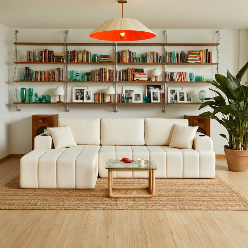Canapé d'angle modulaire en chenille de style nuage de 108 pouces avec méridienne réversible et porte-gobelets, Beige