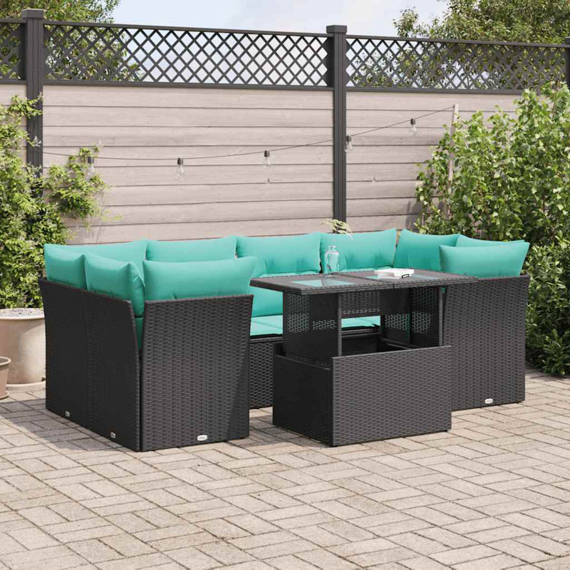  7 Piece Patio Sofa Set With Cushions Poly Rattan Acacia, Grey, Green