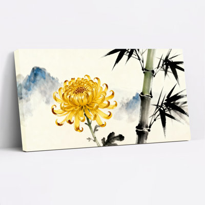 Ensemble de 1 tableau à l'encre de Chine représentant des chrysanthèmes et du bambou