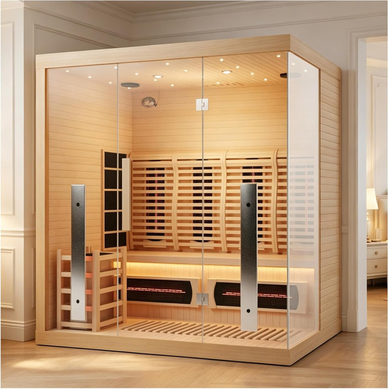 3-4 Person Hybrid Home Wood Sauna, Indoor WiFi Control Traditional Canadian Hemlock Steam & Far Infrared Saunas Spa with Red Light Tubes, 11 Heating Elements & Electric Stove, Accessories