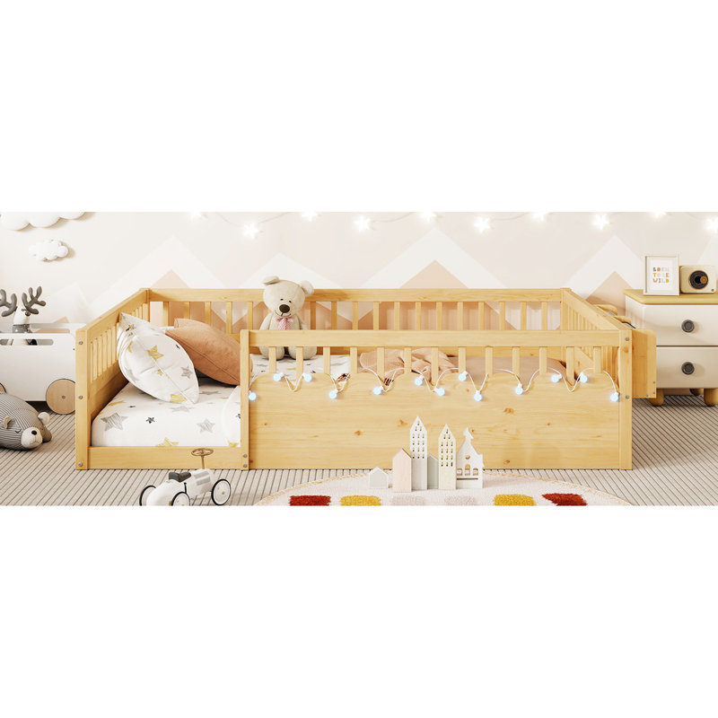 Structure de lit double, rails hauts, bois naturel avec rangement, support pour lit d'apprentissage, profil bas à DEL pour plus d'autonomie