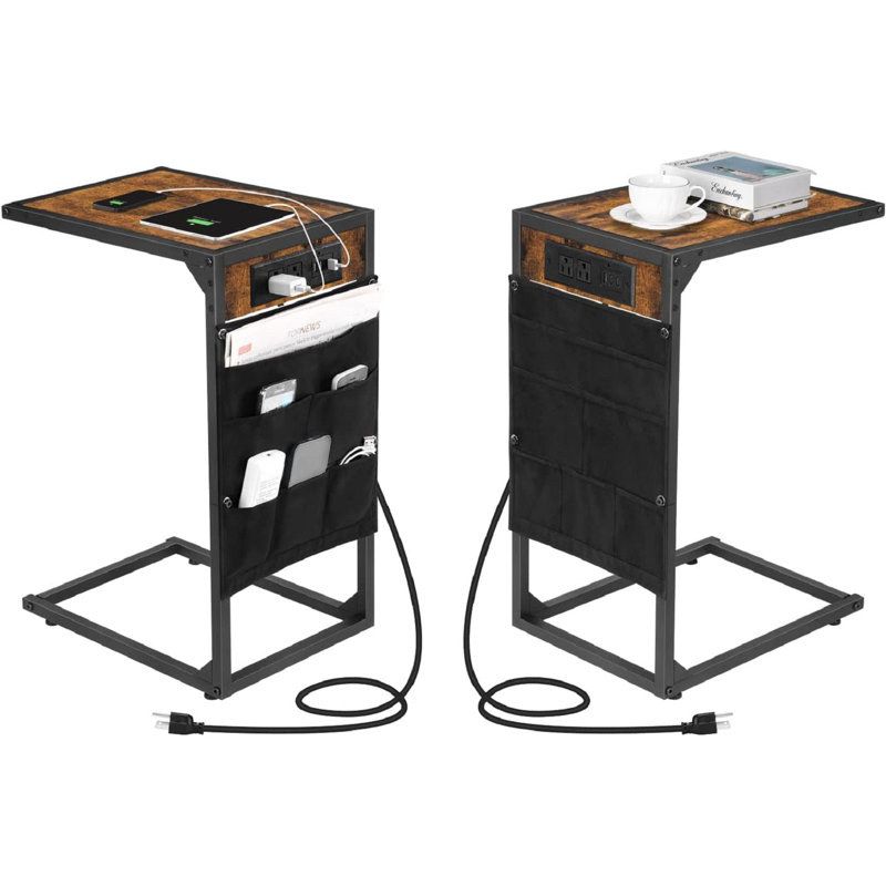 End Table Set Built-In Outlets, Rustic Brown, Black