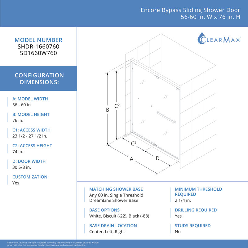 DreamLine Encore 60 in. W x 76 in. H Semi-Frameless Bypass Sliding Shower Door, Matte Black