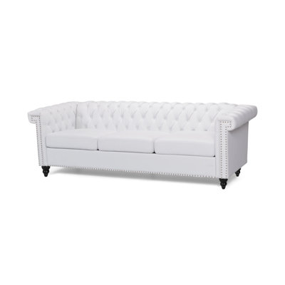 Canapé en cuir PU blanc Astoria Grand Chesterfield 83 po - capitonné à boutons profonds et garniture cloutée