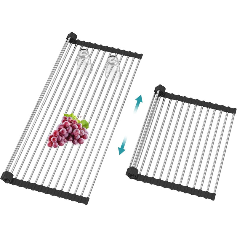 Extra Large Expandable Over-Sink Dish Drying Rack | Roll-Up Stainless Steel Sink Cover | Foldable & Rollable | Black (22.8''-12.4'')