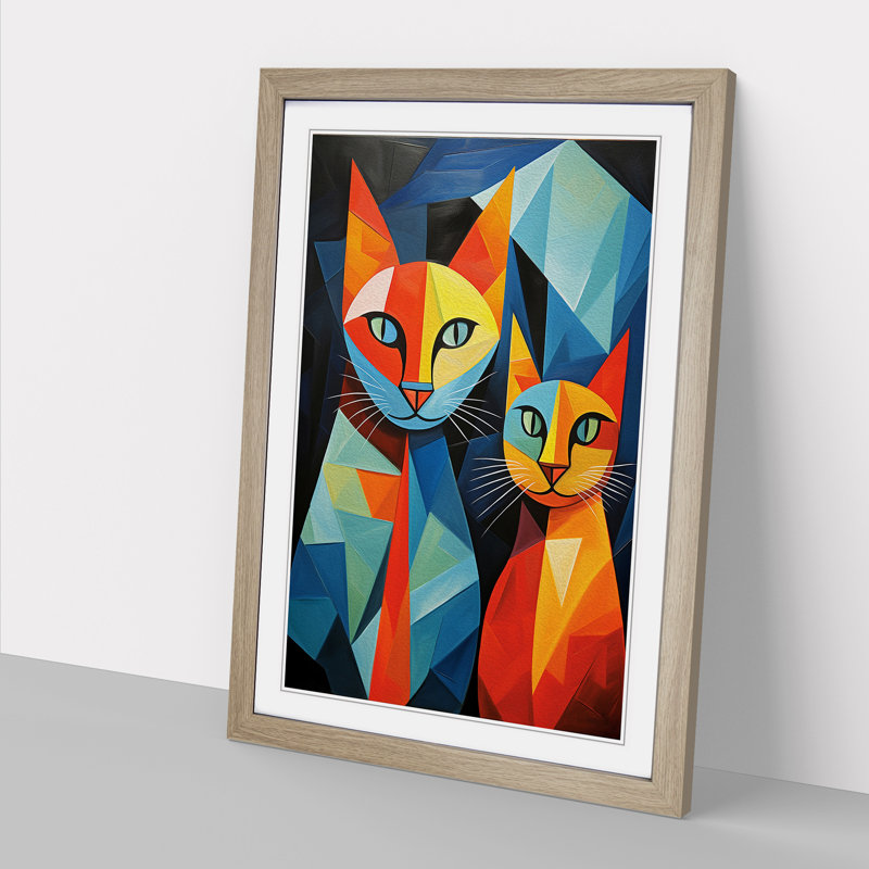 Egyptian Cat Cubism No.2 - Single Picture Frame Print on Wood, 46" H x 34" W x 2" D, Oak