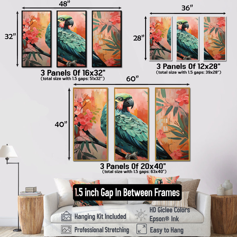 «Blue and Pink Parrot Paradise III», art mural perroquet, Cadre flottant doré, H 40 po x l 61 po