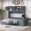 Grand lit escamotable mural avec bureau, tablettes de rangement et grands armoires, gris