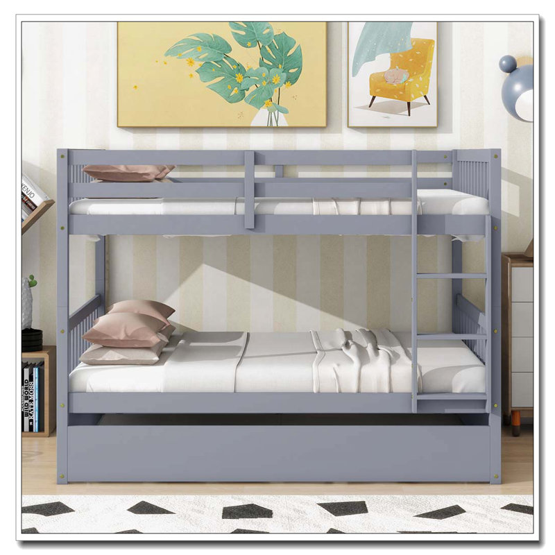 Lit superposé double en bois d'hévéa double avec lit gigogne, échelle et garde-corps, convertible en 2 lits doubles, avec lit gigogne simple, gris