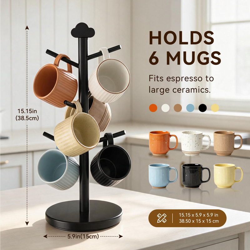Porte-tasses en bambou avec base rotative à 360° et décoration magnétique nuage, 6 crochets, montage sans outil - Noir, Noir