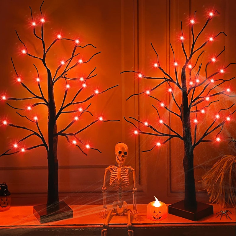 Ensemble de 2 décorations d'arbre d'Halloween de 24 pouces avec minuteur 48 lumières DEL orange alimentées par piles Arbre de table artificiel noir pour Halloween Décorations d'intérieur