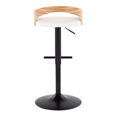 Grotto Contemporary Adjustable Barstool With Swivel In Black Metal, Zebra Wood And White Faux Leather With Straight T Footrest By Lumisource - Set Of 2