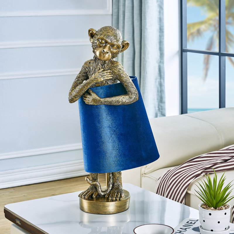 Lampe de table singe en résine dorée 21 "avec abat-jour, Bleu, Doré