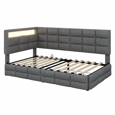 Upholstered Daybed With Storage 2 Drawers And Charging Station, Day Bed Frame With LED Lights And Storage Headboard