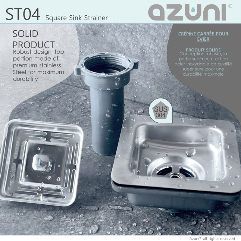 Azuni Square Stainless Steel Kitchen Sink Strainer with Tailpipe