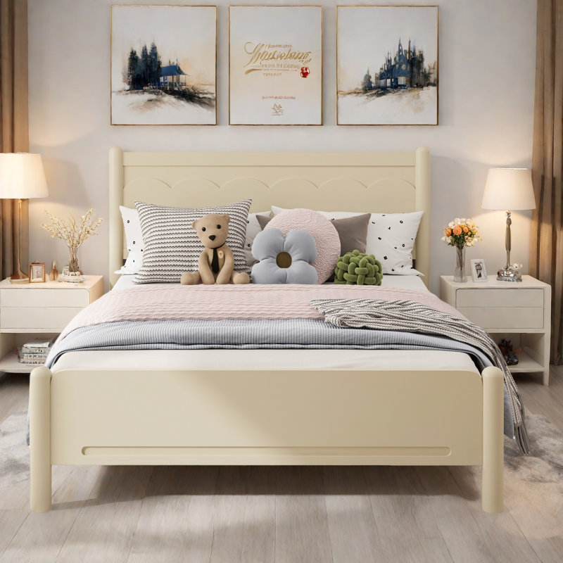 Wood Bed Frame with Headboard, Beige, Queen