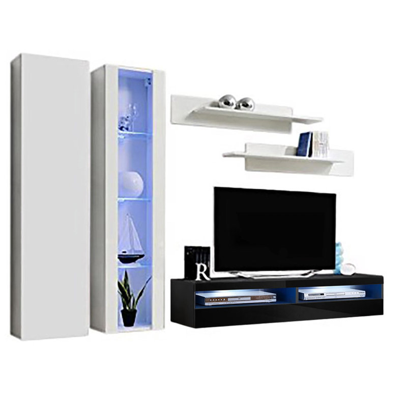100" Modern Floating Wall Mounted Entertainment Center with 16-Color LED Lighting, High Gloss Finish, White/Black