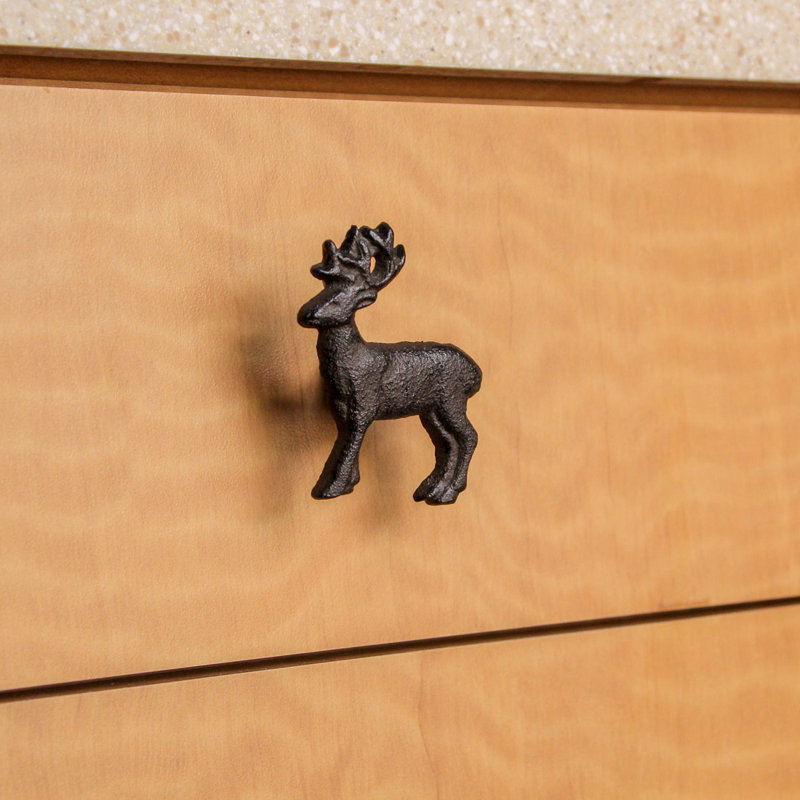 Rustic brown cast iron deer cabinet knobs and drawer pulls, set of 6 — 2" L x 2.5" H, 1" projection