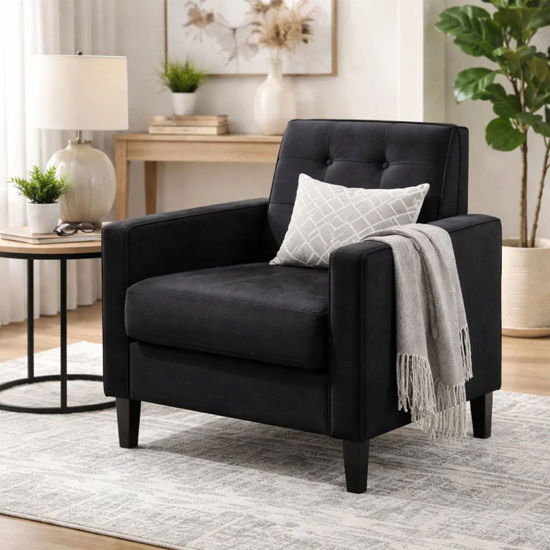 Chaise avec accoudoirs touffetée de 27,5 po Dayshaun, Velours noir