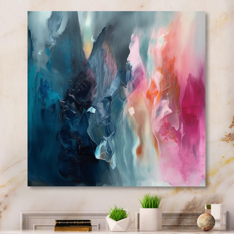 «Desyree Blue and Pink Spatula Abstract», art mural abstrait, L 24 po x H 24 po, Toile tendue
