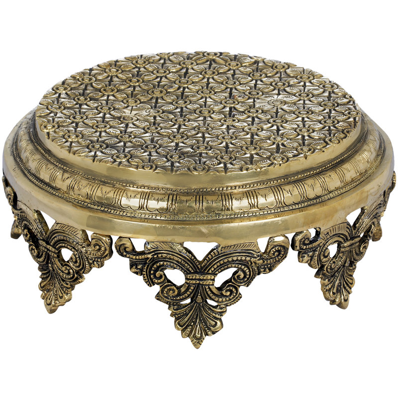 4" Handcrafted Brass Puja Chowki – Engraved Miniature Pedestal Stand for Meditation, Altar Décor & Crystals