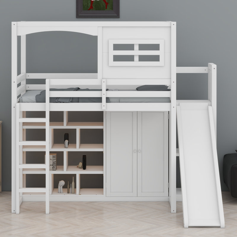 Lit mezzanine avec garde-robe, tablettes de rangement
