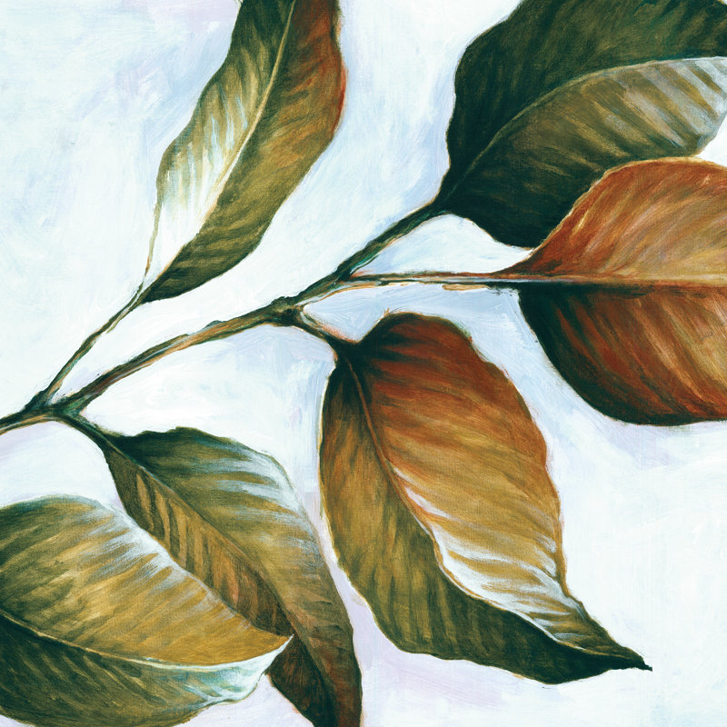 Reproduction d’art sur toile tendue vert et jaune feuilles, H 36 po x l 36 po