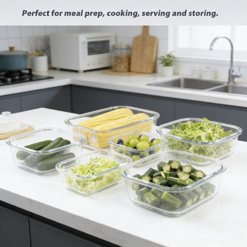 Ensemble de contenants en verre pour aliments avec couvercles, 12 contenants hermétiques pour la préparation des repas, contenants en verre sans BPA à l'épreuve des fuites pour la cuisine, le micro-ondes, le four, le congélateur et le lave-vaisselle