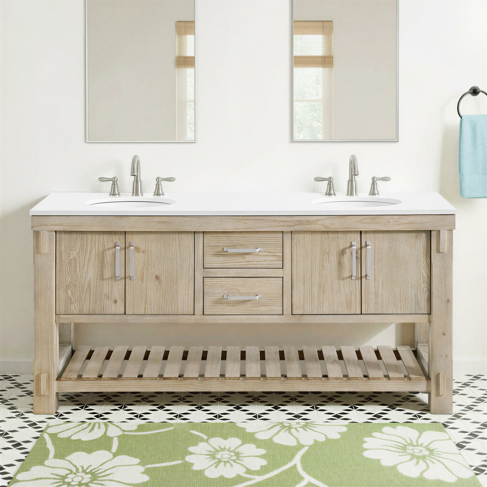 72" Double Bathroom Vanity In Washed Pine
