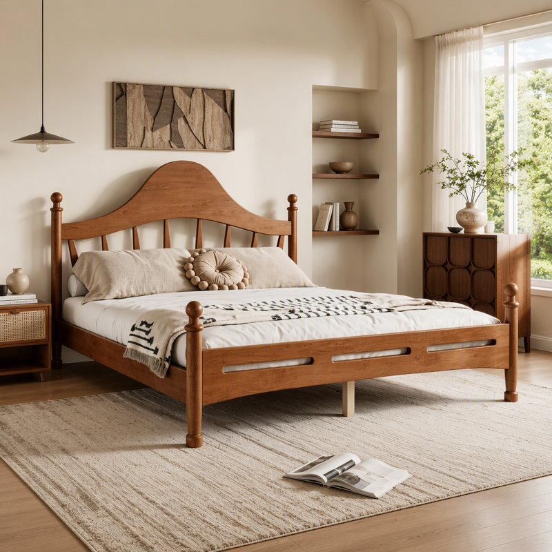 Queen Size Solid Pine Platform Bed with Chic Curved Headboard, Slatted Support, No Box Spring Needed, Antique Brown