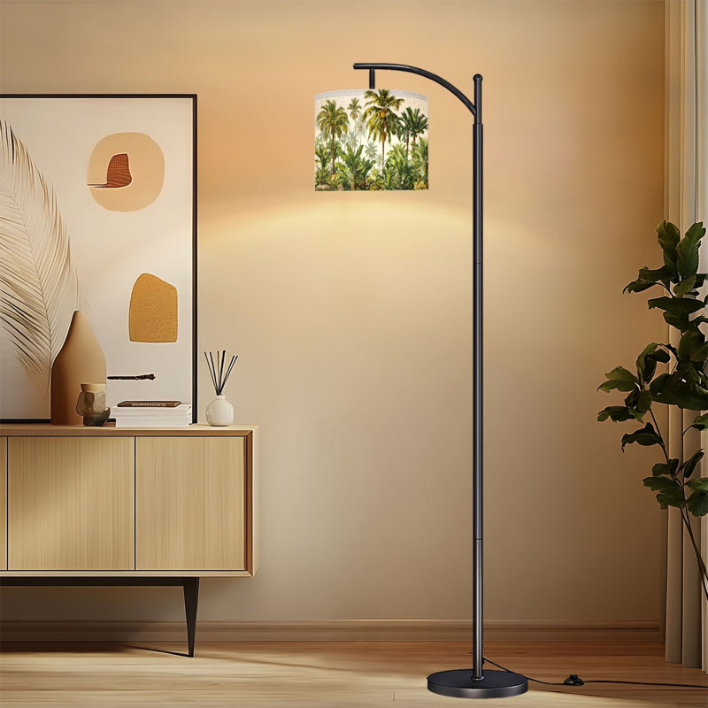 Arc Floor Lamp with Adjustable Lampshade Tropical Beach House Vintage Rustic Boho Palm Tree Coconut Tropical Standing Lamp 3 Color Temperatures Dimmable Tall Pole Lamp with Foot Switch for Bedroom