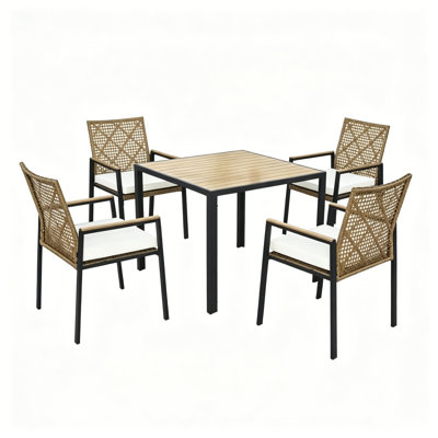 Ensemble de salle à manger d'extérieur 5 pièces, table en bois d'acacia avec trou pour parasol et chaises en osier