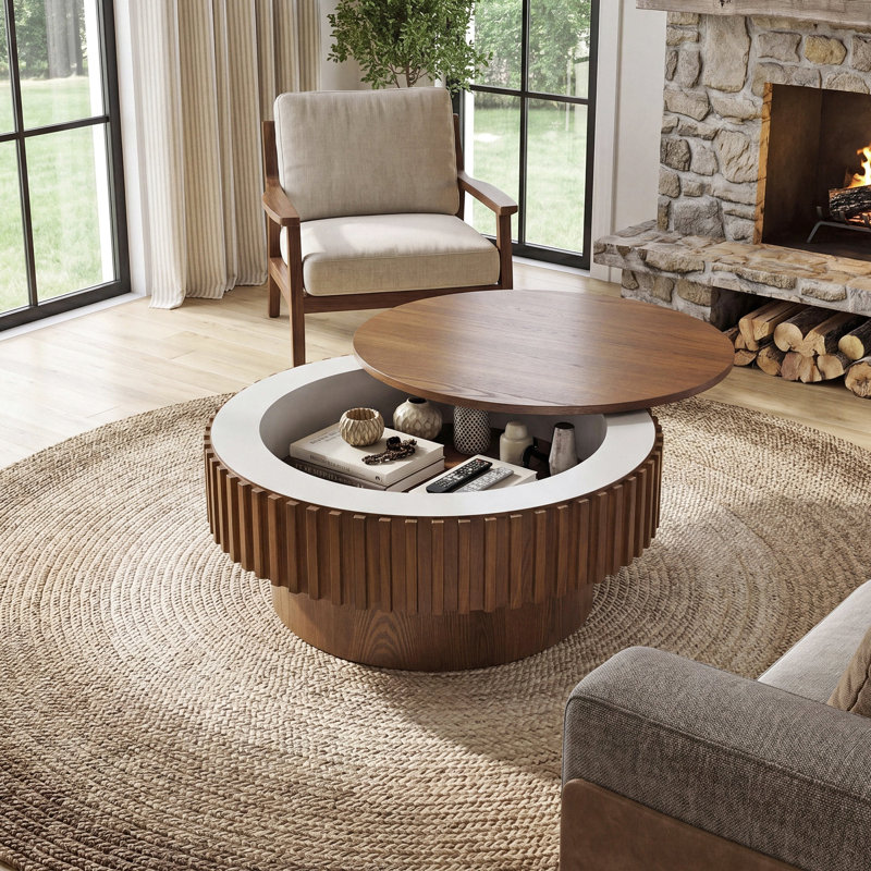 Table basse cylindrique ronde de 31,5 pouces avec rangement dissimulé à couvercle amovible, table de cocktail nervurée en bois massif, table de centre au fini noyer de ferme pour le salon