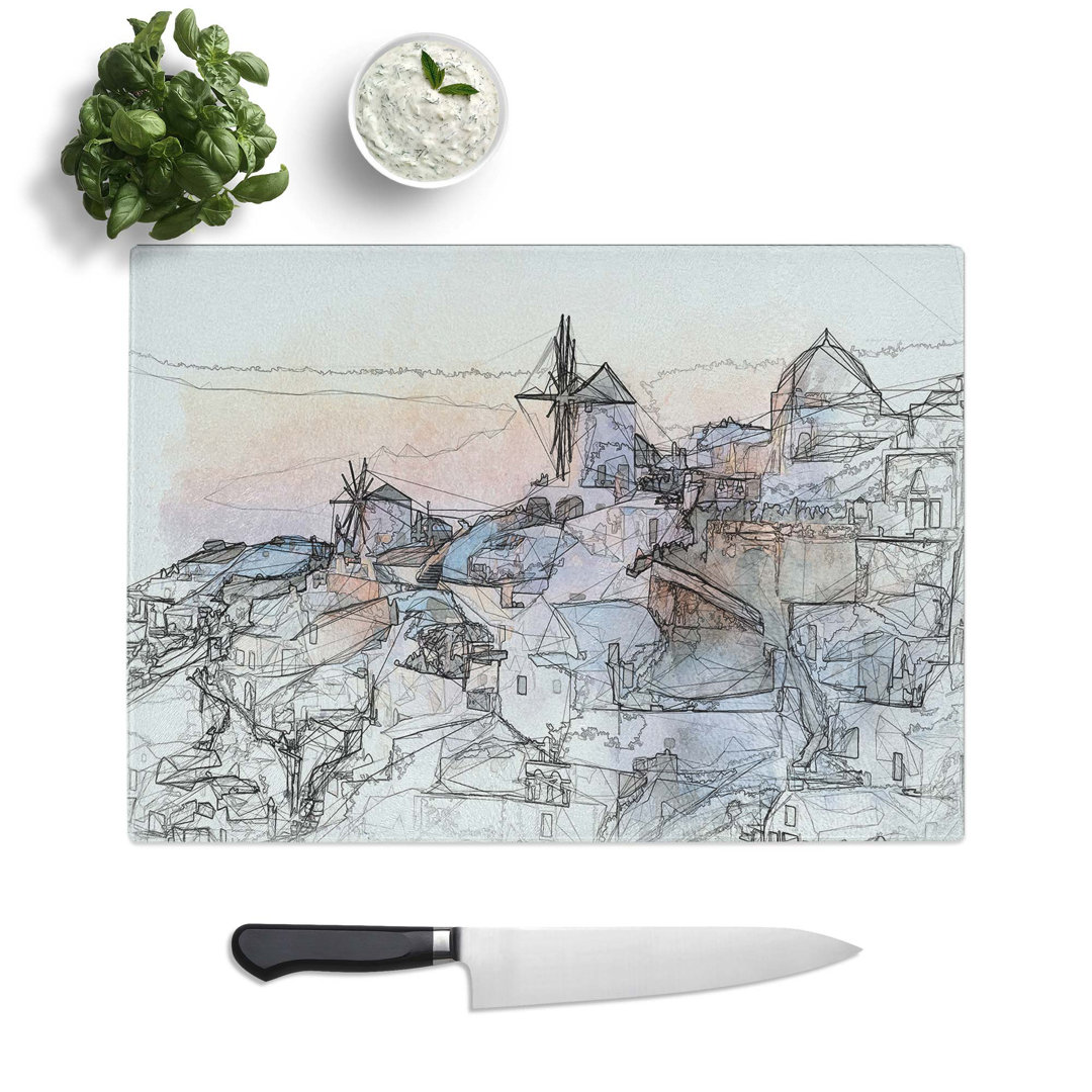 Tempered Glass Oia Santorini Skyline in Greece Chopping Board