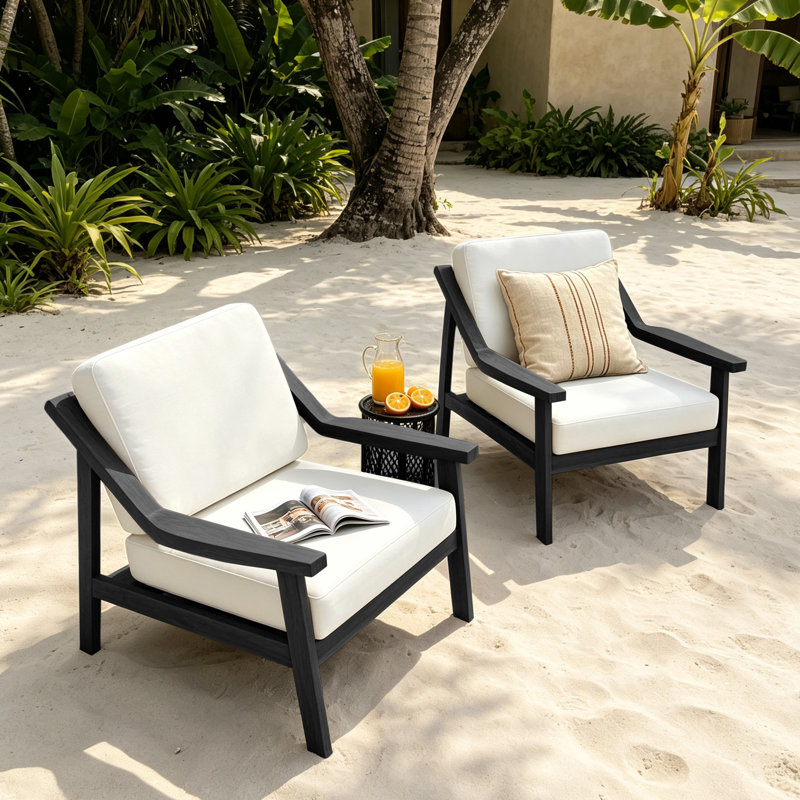 Marlo Solid Wood Teak Outdoor Lounge Chairs With Cushion And Arms, Beige, Black