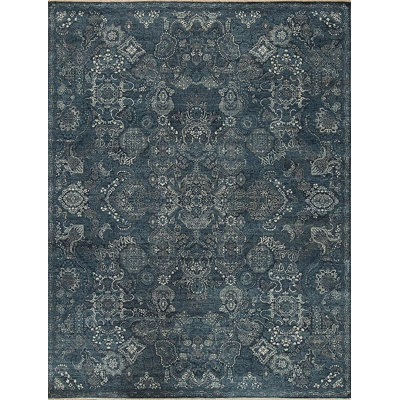 Queens Hand Knotted Wool Area Rug in Denim/Ivory/Gray