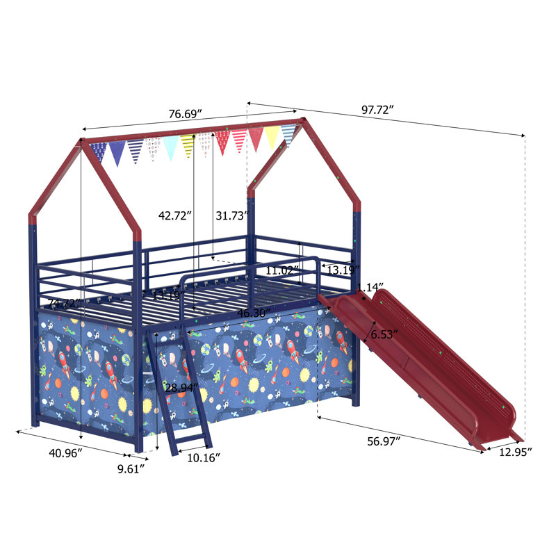 Jack Metal Junior House Twin Loft Bed with Slide and Curtain Set,  Hero Color Navy Blue and Red, Navy Blue/Red