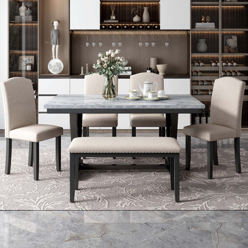 Modern Style 6-Piece Dining Table With 4 Chairs & 1 Bench,Table With Marbled Veneers Tabletop And V-Shaped Table Legs