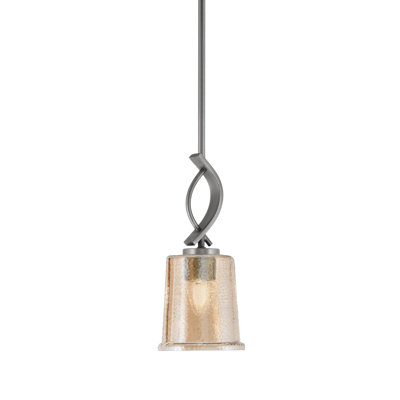 Suspension miniature Waldes Stem Hung présentée ici en finition laiton New Age avec verre fumé à bulles de 13,3 cm (5,25 po).
