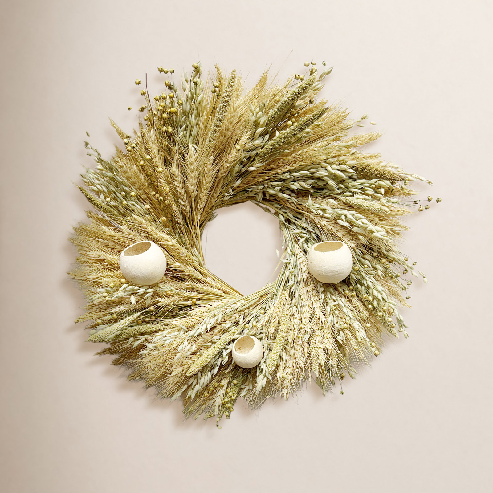 Natural Dried Wheat, Oats, and Bird Feeder Cups Wreath