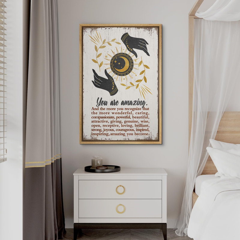 Golden Sun and Moon With Hands Inspirational Abstract Contemporary Relax / Calm, reproduction sur toile, Encadré naturel